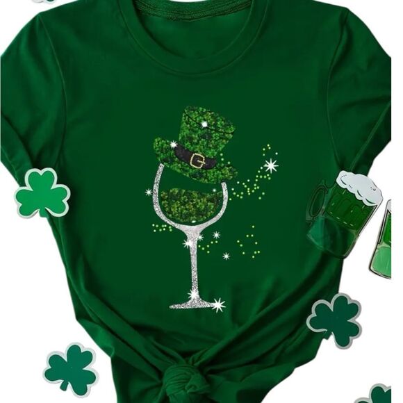 St. Patrick's Day T-Shirt ~ Lucky Shamrock Hat Wine Glass ~ Festive Clover Green - Picture 1 of 12